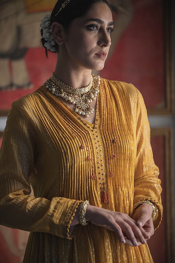Yellow Handwoven Chanderi Hand Block Printed Kurta Set by Swatti Kapoor at Pernia's Pop Up Shop