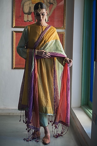 Multi-Colored Handwoven Chanderi Color Blocked Kurta Set by Swatti Kapoor