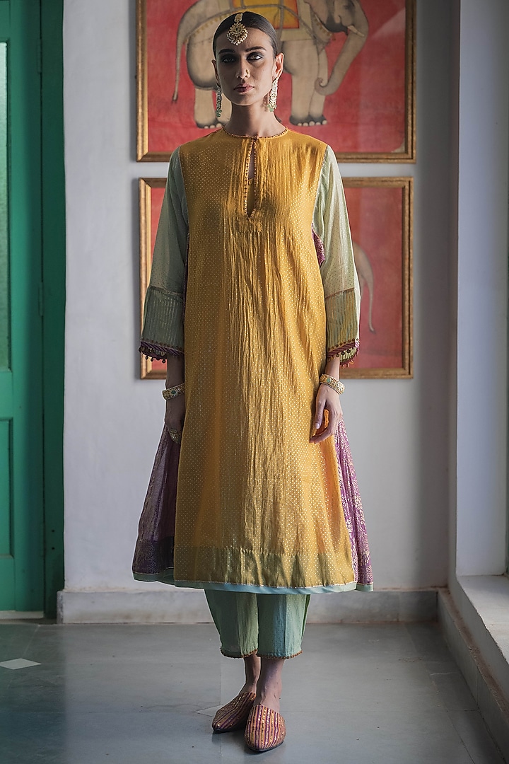 Multi-Colored Handwoven Chanderi Color Blocked Kurta Set by Swatti Kapoor at Pernia's Pop Up Shop
