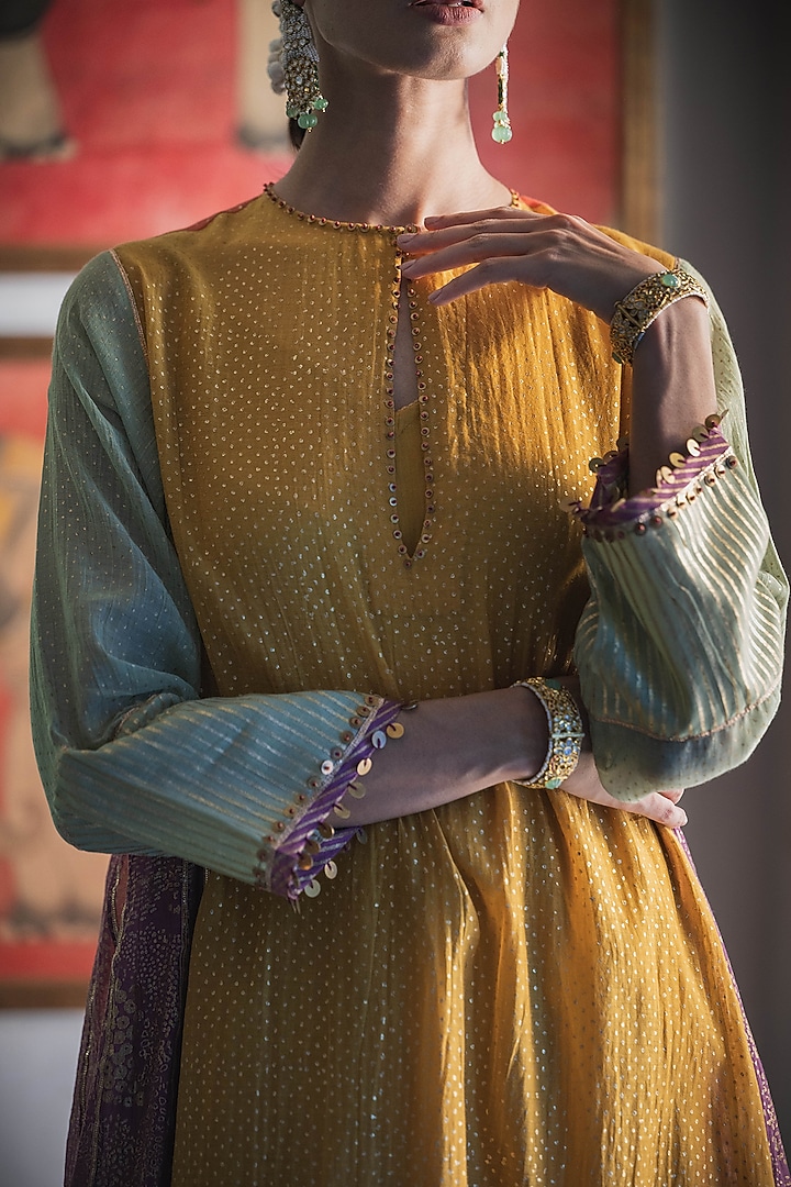 Multi-Colored Handwoven Chanderi Color Blocked Kurta Set by Swatti Kapoor at Pernia's Pop Up Shop