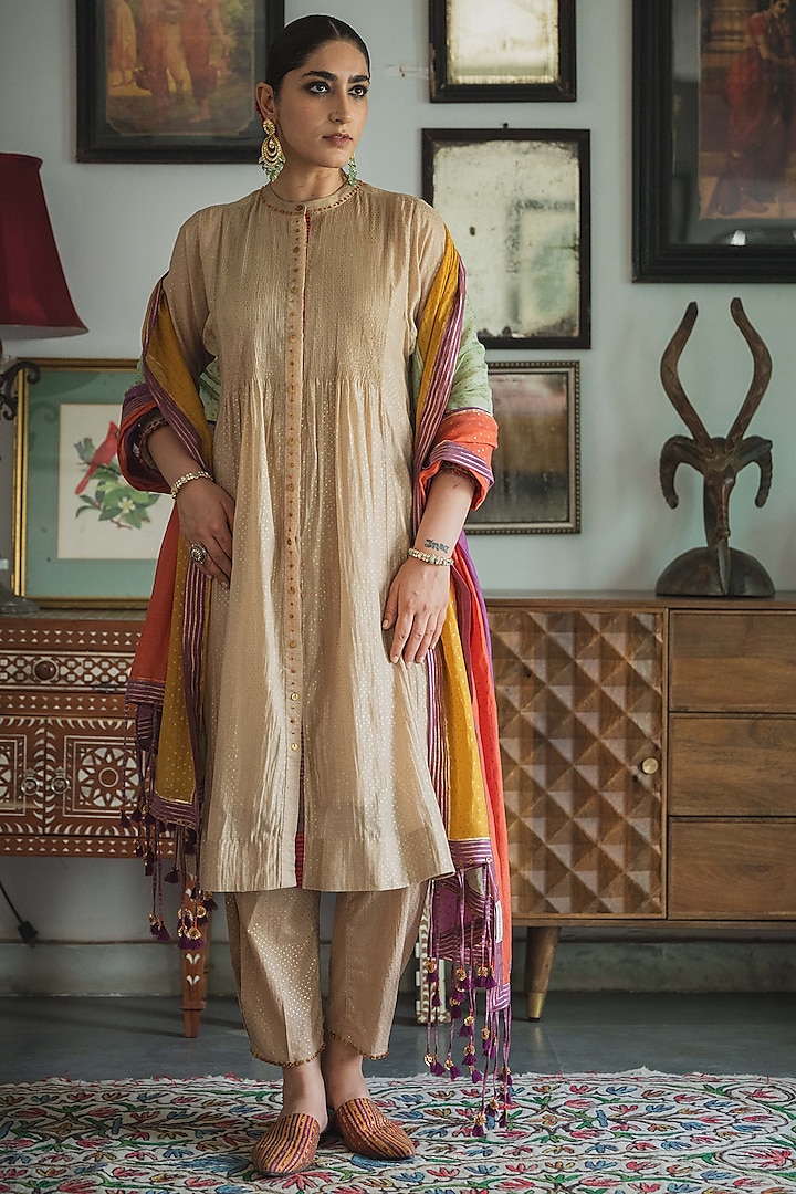 Beige Handwoven Chanderi Hand Embroidered & Printed Kurta Set by Swatti Kapoor at Pernia's Pop Up Shop