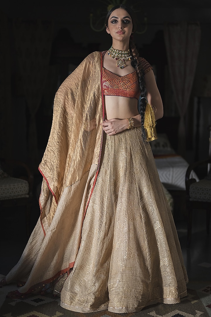 Beige Woven Silk Organza Hand Block Printed & Embroidered Wedding Lehenga Set by Swatti Kapoor at Pernia's Pop Up Shop