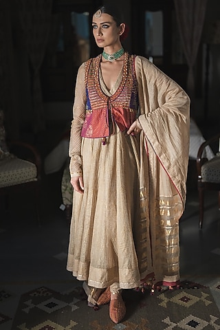 Beige Woven Striped Silk Organza Block Printed Anarkali Set by Swatti Kapoor