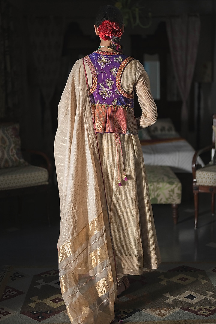 Beige Woven Striped Silk Organza Block Printed Wedding Anarkali Set by Swatti Kapoor at Pernia's Pop Up Shop