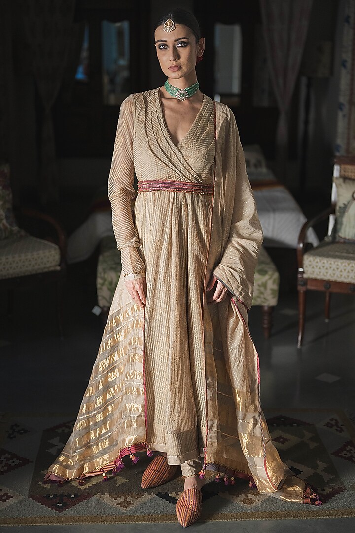 Beige Woven Striped Silk Organza Block Printed Wedding Anarkali Set by Swatti Kapoor at Pernia's Pop Up Shop