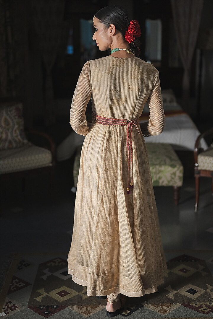 Beige Woven Striped Silk Organza Block Printed Wedding Anarkali Set by Swatti Kapoor at Pernia's Pop Up Shop