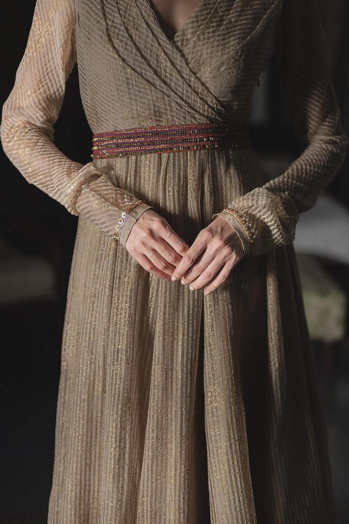 Beige Woven Striped Silk Organza Block Printed Wedding Anarkali Set by Swatti Kapoor at Pernia's Pop Up Shop