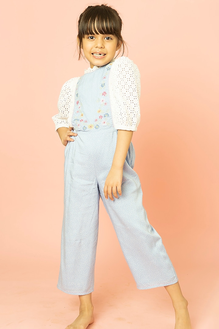 White & Blue Printed Jumpsuit For Girls by SWEETLIME BY AS
