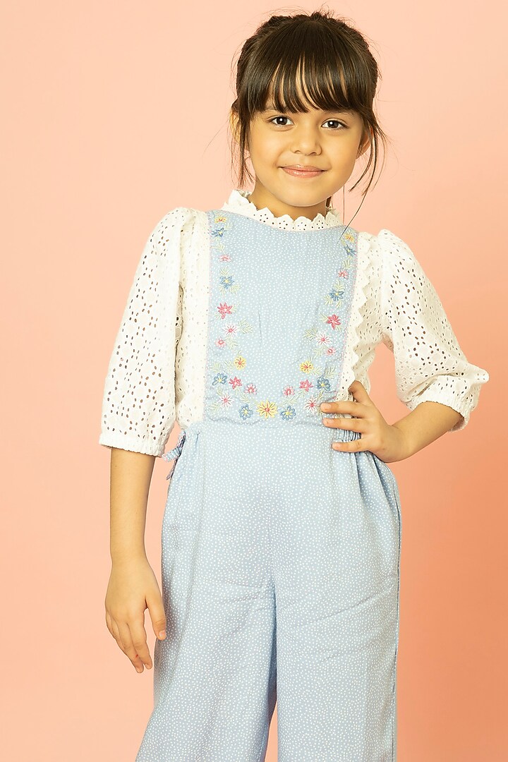 White & Blue Printed Jumpsuit For Girls by SWEETLIME BY AS at Pernia's Pop Up Shop