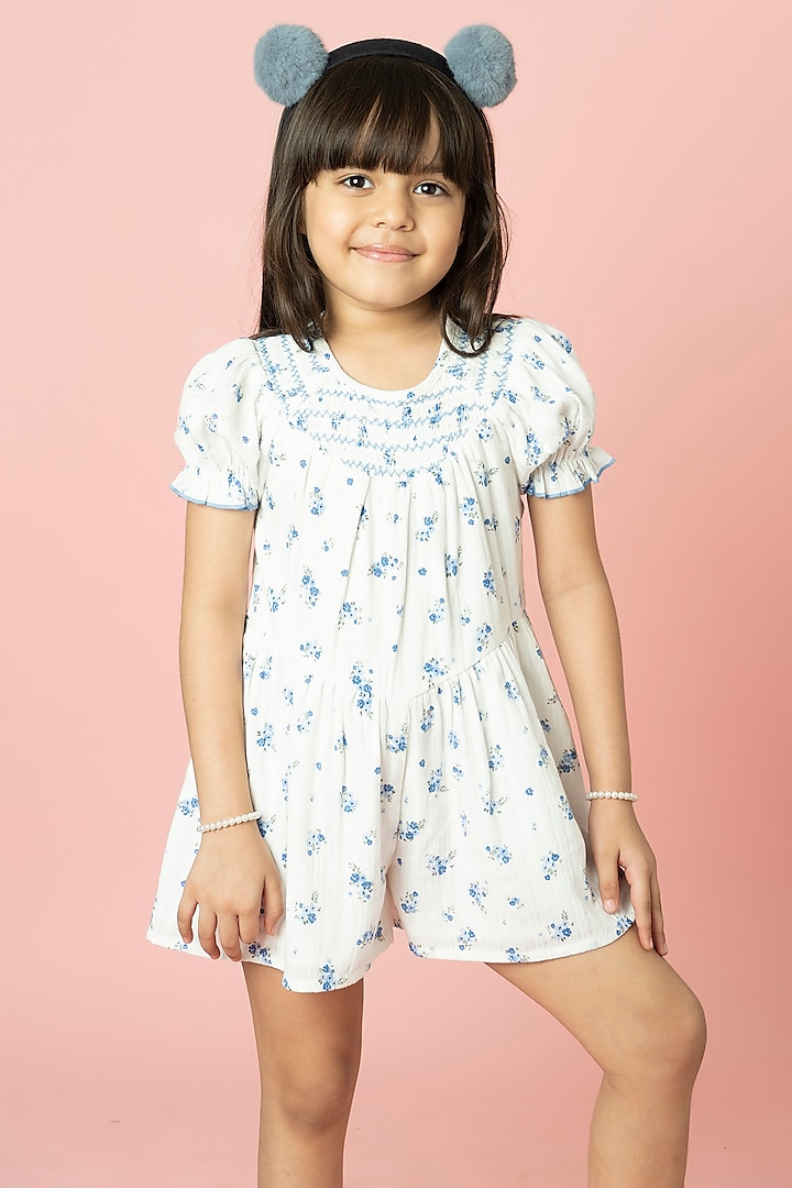 White & Blue Printed Playsuit For Girls by SWEETLIME BY AS