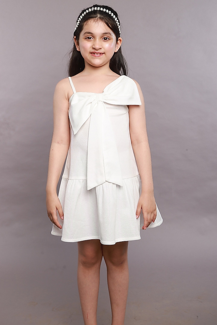 White Polyester Bow Dress For Girls by SWEETLIME BY AS at Pernia's Pop Up Shop