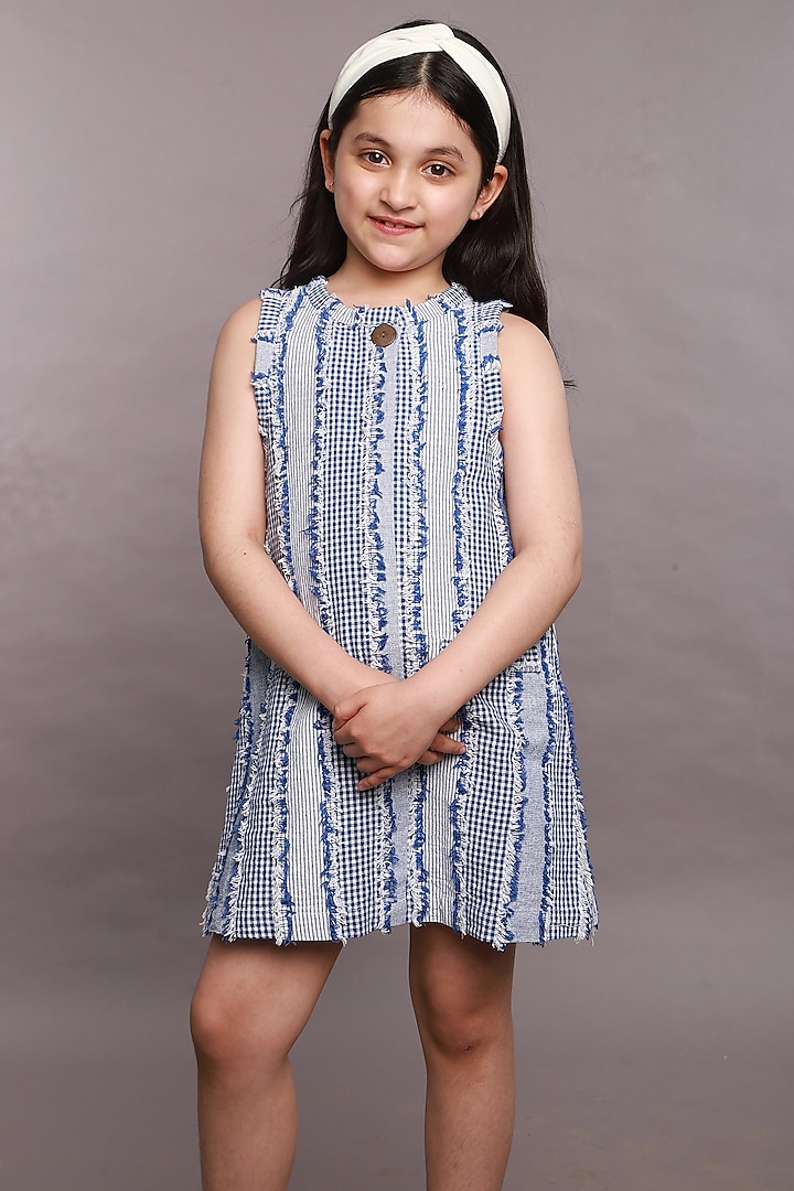 Blue Cotton Jacquard Sleeveless Dress For Girls by SWEETLIME BY AS at Pernia's Pop Up Shop