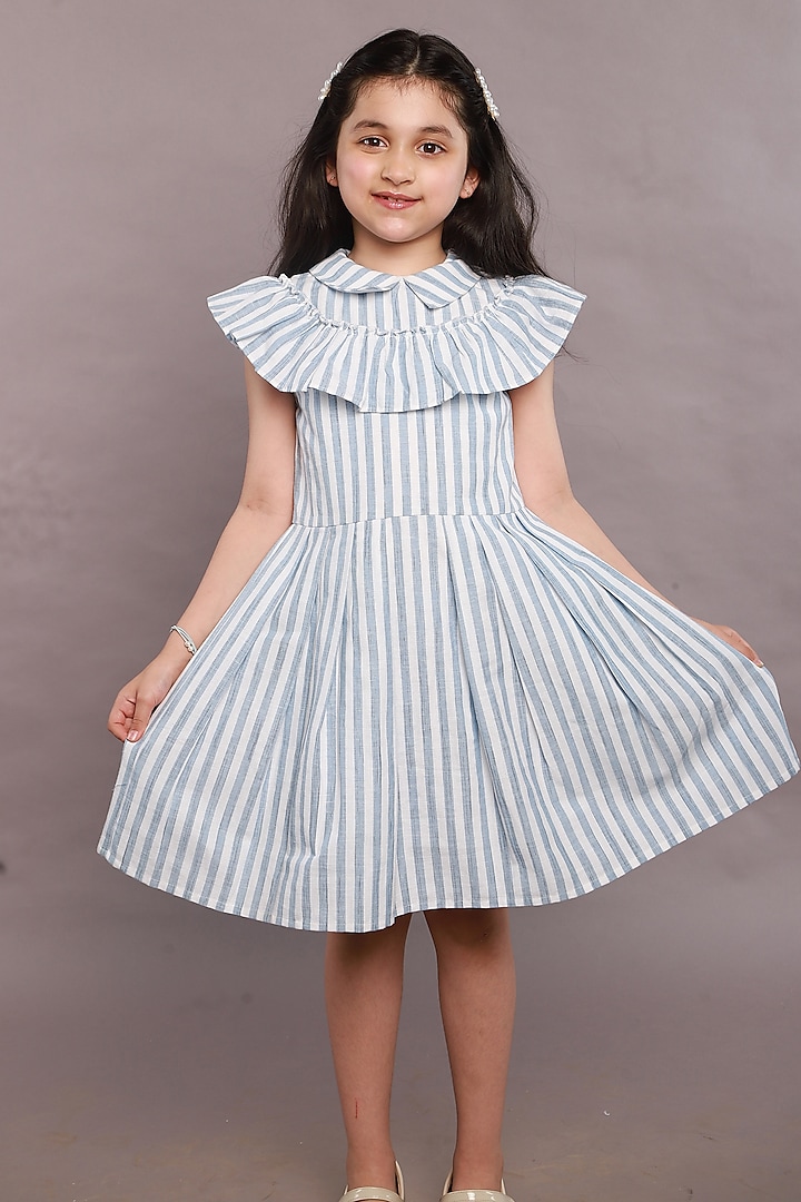 Blue & White Cotton Slub Stripes Printed Dress For Girls by SWEETLIME BY AS at Pernia's Pop Up Shop