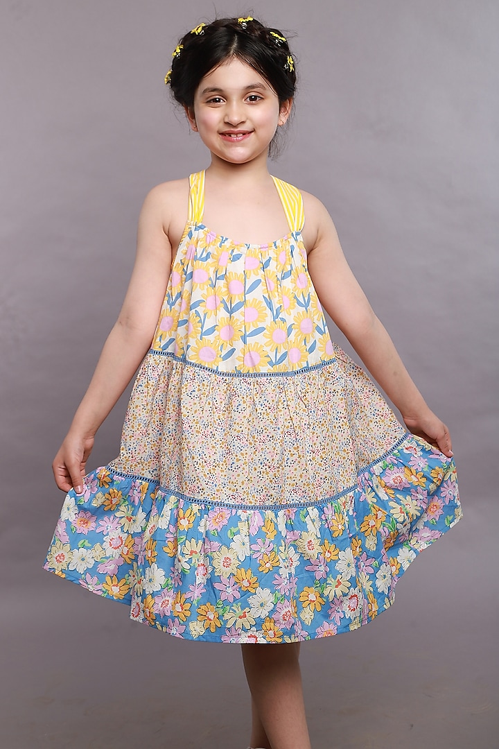 Yellow & Blue Cotton Poplin Floral Printed Tiered Dress For Girls by SWEETLIME BY AS