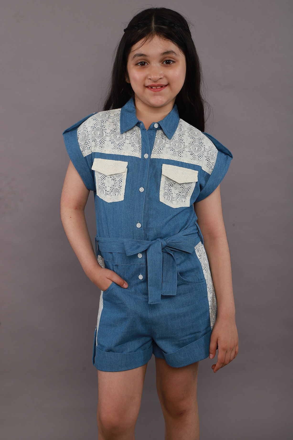 Blue Cotton Denim Jumpsuit For Girls by SWEETLIME BY AS at Pernia's Pop Up  Shop