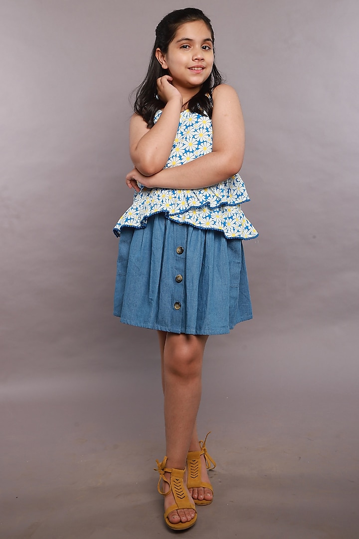 Blue Cotton Denim Skirt Set For Girls by SWEETLIME BY AS at Pernia's Pop Up Shop