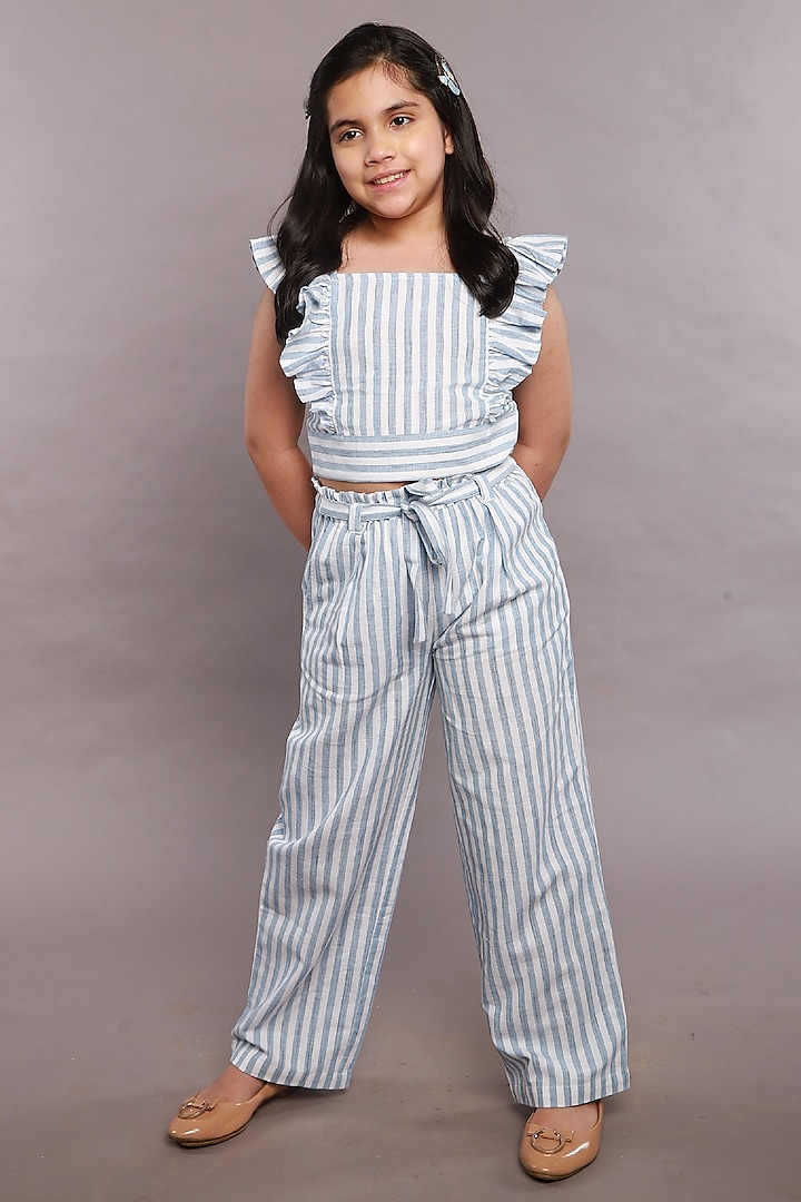 Sky Blue Cotton Slub Stripes Printed Co-Ord Set For Girls by SWEETLIME BY AS at Pernia's Pop Up Shop