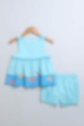 Sky Blue Cotton Poplin Fish Embroidered Dress With Bloomers For Girls by SWEETLIME BY AS at Pernia's Pop Up Shop