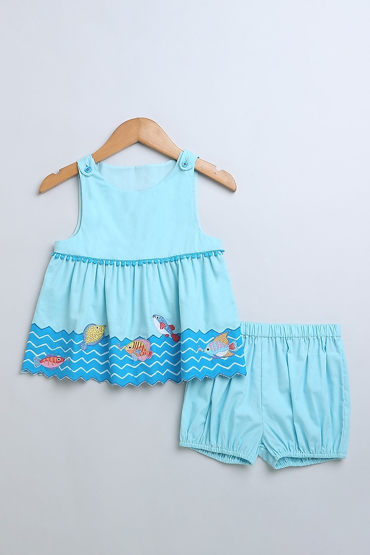 Sky Blue Cotton Poplin Fish Embroidered Dress With Bloomers For Girls by SWEETLIME BY AS at Pernia's Pop Up Shop