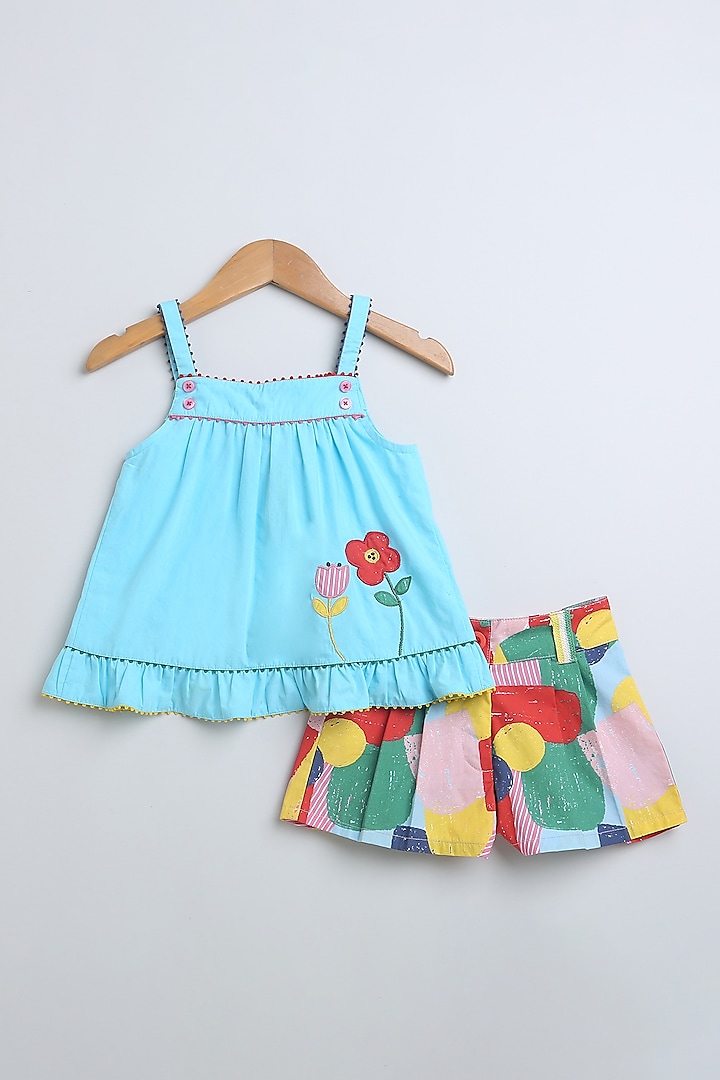 Blue & Multi-Colored Cotton Poplin Co-Ord Set For Girls by SWEETLIME BY AS at Pernia's Pop Up Shop