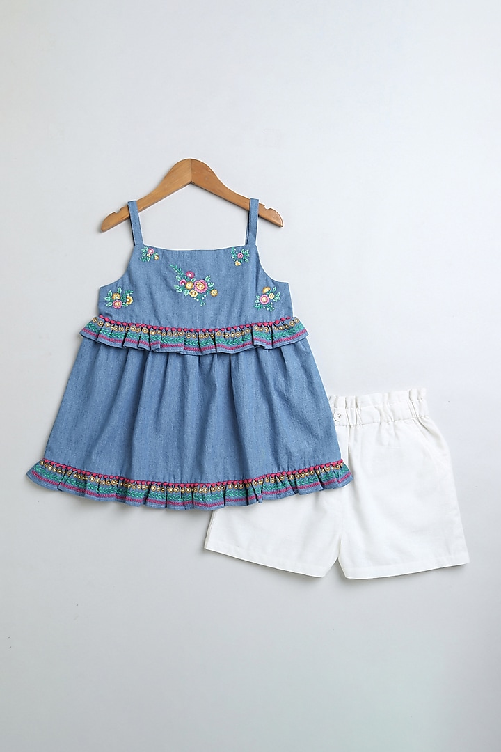 Blue & White Linen Co-Ord Set For Girls by SWEETLIME BY AS at Pernia's Pop Up Shop