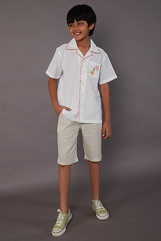 White Cotton Linen Floral Embroidered Shirt For Boys by SWEETLIME BY AS