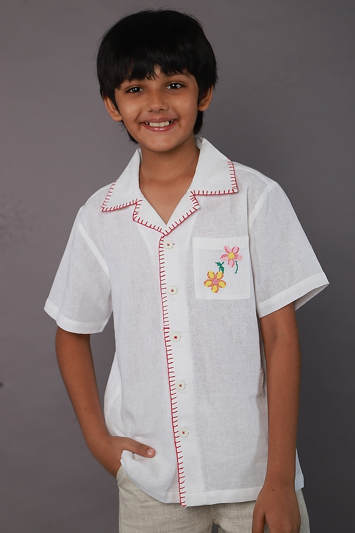 White Cotton Linen Floral Embroidered Shirt For Boys by SWEETLIME BY AS at Pernia's Pop Up Shop