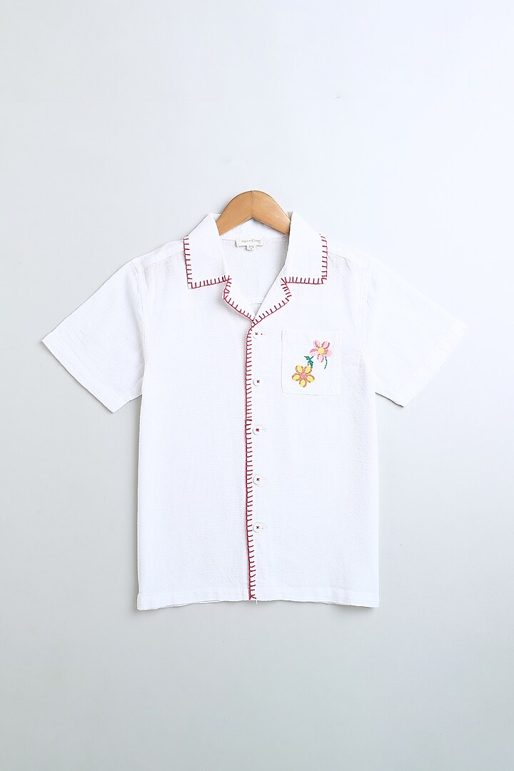 White Cotton Linen Floral Embroidered Shirt For Boys by SWEETLIME BY AS at Pernia's Pop Up Shop
