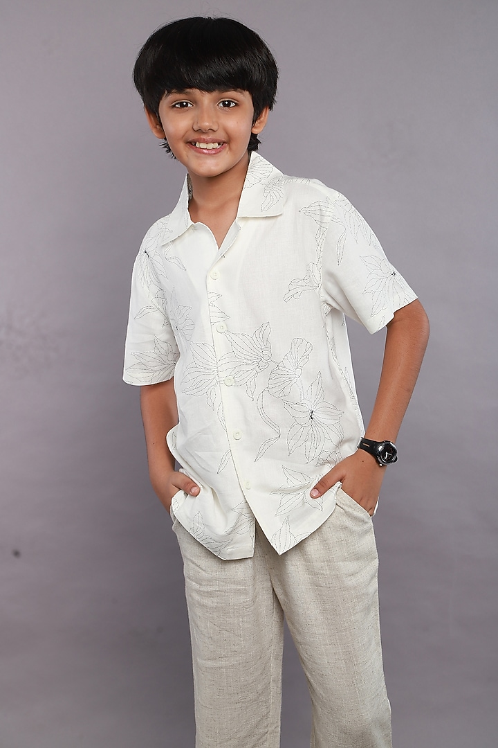 White Viscose Linen Blend Floral Printed Shirt For Boys by SWEETLIME BY AS at Pernia's Pop Up Shop