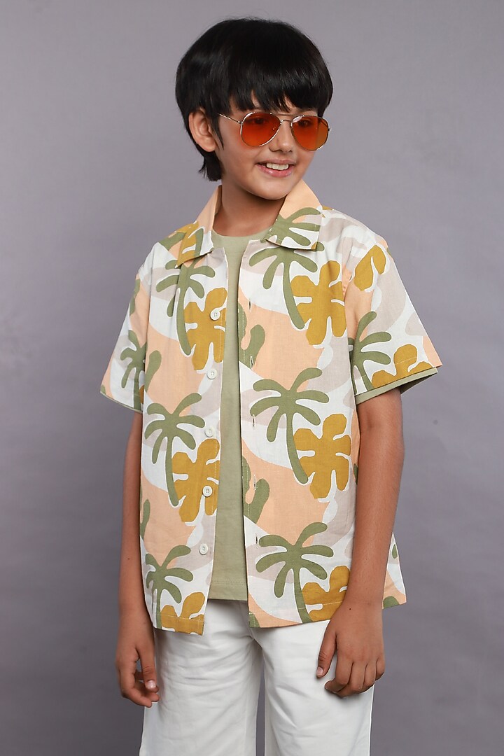 Beige Organic Cotton Tropical Printed Shirt For Boys by SWEETLIME BY AS at Pernia's Pop Up Shop