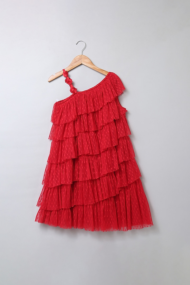 Cherry Red Net Dress For Girls by SWEETLIME BY AS