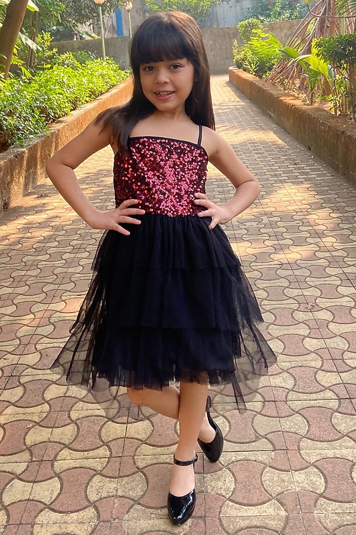 Red & Black Embellished Dress For Girls by SWEETLIME BY AS