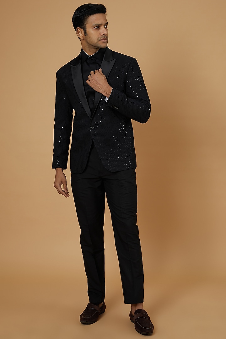 Black Georgette & Satin Embroidered Tuxedo by Sawan Gandhi Men