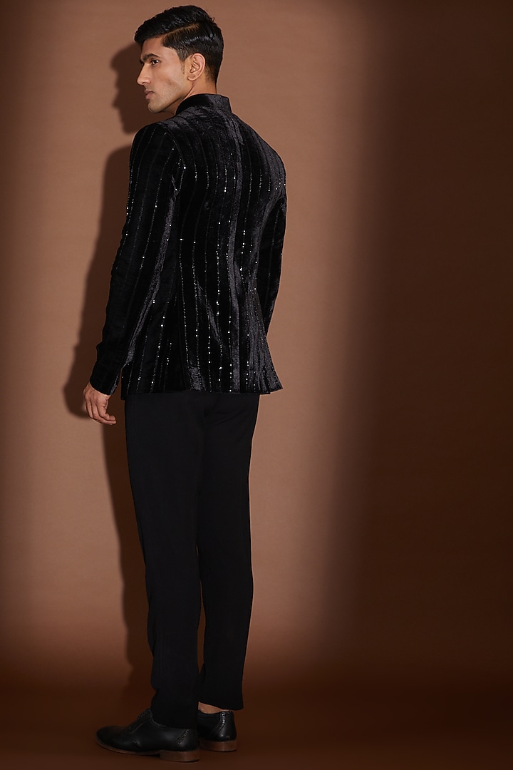 Black Velvet Cutdana Embroidered Groom Bandhgala Set by Sawan Gandhi Men at Pernia's Pop Up Shop