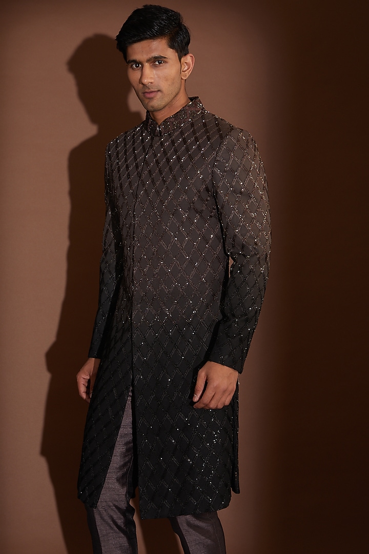 Black & Taupe Ombre Georgette Cutdana Embroidered Groom Sherwani Set by Sawan Gandhi Men at Pernia's Pop Up Shop
