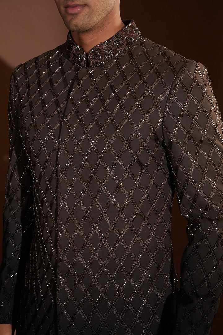Black & Taupe Ombre Georgette Cutdana Embroidered Groom Sherwani Set by Sawan Gandhi Men at Pernia's Pop Up Shop