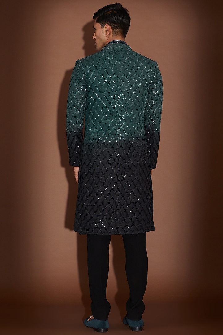 Black & Teal Ombre Georgette Cutdana Embroidered Groom Sherwani Set by Sawan Gandhi Men at Pernia's Pop Up Shop