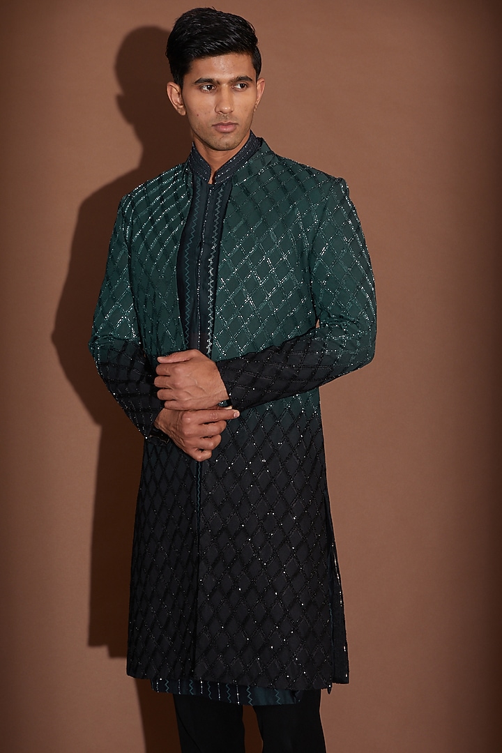 Black & Teal Ombre Georgette Cutdana Embroidered Groom Sherwani Set by Sawan Gandhi Men at Pernia's Pop Up Shop