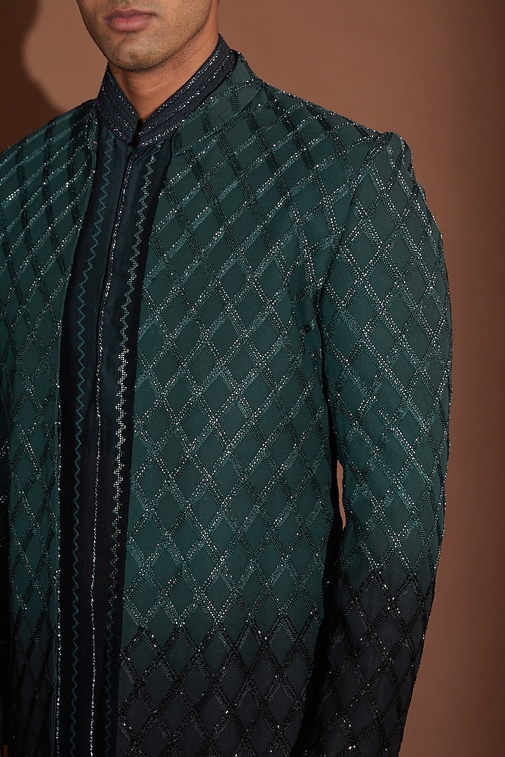 Black & Teal Ombre Georgette Cutdana Embroidered Groom Sherwani Set by Sawan Gandhi Men at Pernia's Pop Up Shop