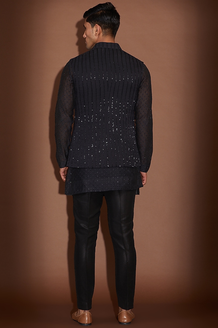 Black Georgette Swarovski Embroidered Nehru Jacket Set by Sawan Gandhi Men at Pernia's Pop Up Shop