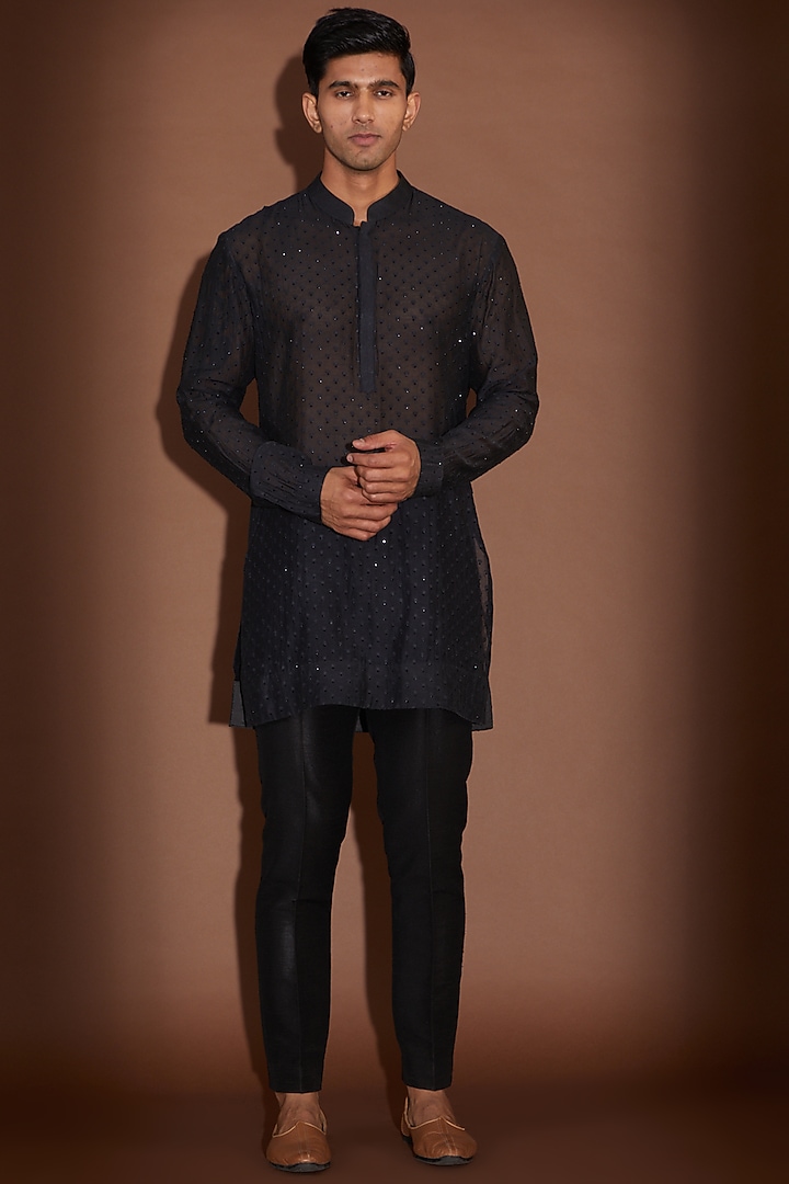 Black Georgette Swarovski Embroidered Nehru Jacket Set by Sawan Gandhi Men at Pernia's Pop Up Shop