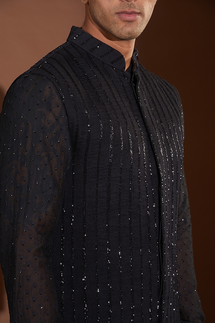 Black Georgette Swarovski Embroidered Nehru Jacket Set by Sawan Gandhi Men at Pernia's Pop Up Shop