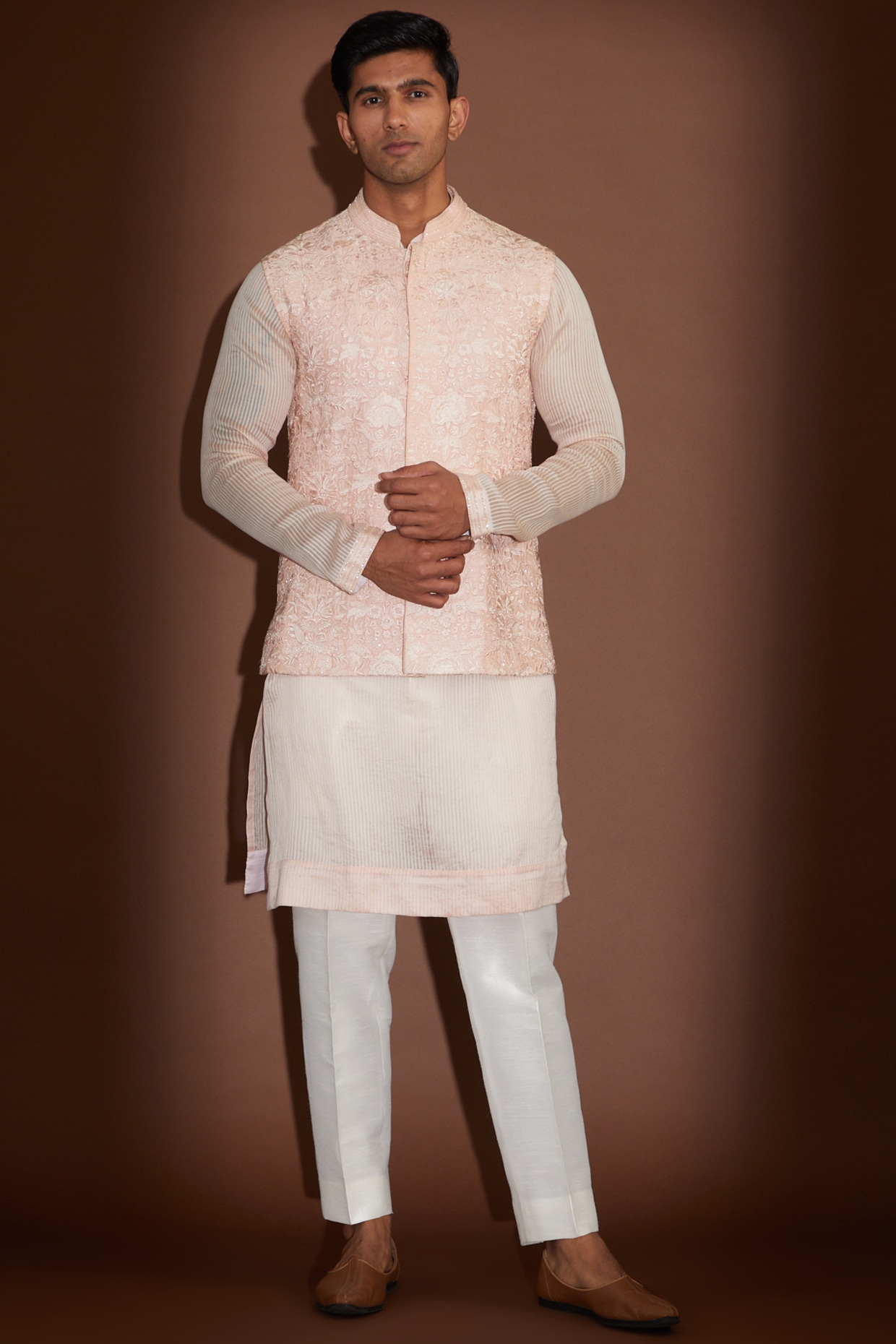 Buy Peach Pink Ethnic Kurta Set with Nehru Jacket - Sabhyata