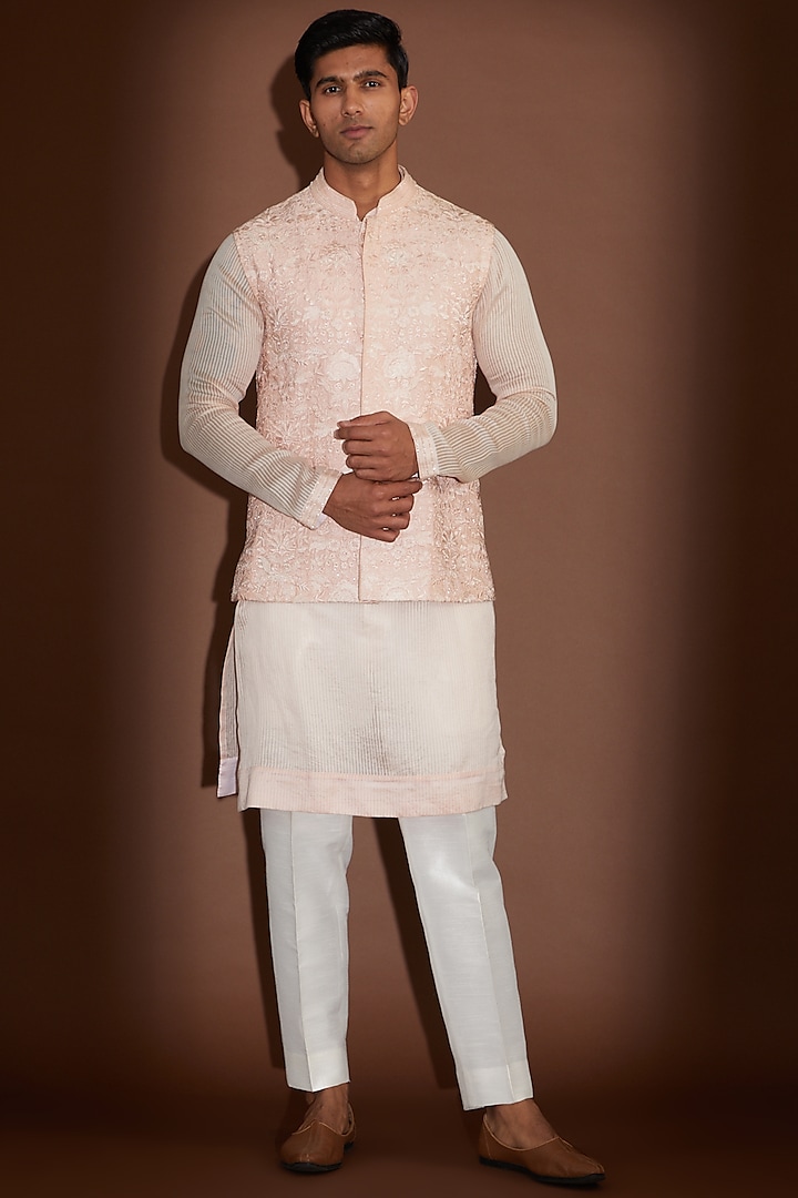 Peach Chanderi Silk Embroidered Nehru Jacket With Kurta Set by Sawan Gandhi Men