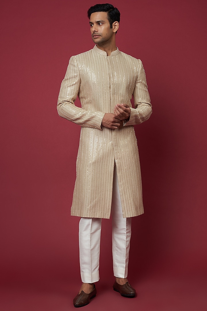 Gold Silk Embroidered Sherwani Set by Sawan Gandhi Men