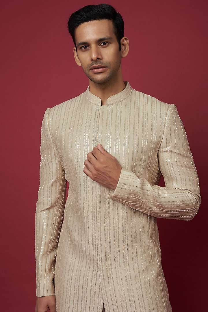 Gold Silk Sequins Work Groom Sherwani Set by Sawan Gandhi Men at Pernia's Pop Up Shop
