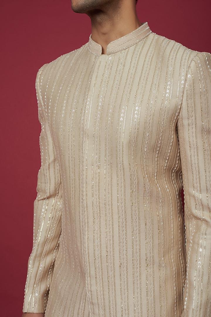 Gold Silk Sequins Work Groom Sherwani Set by Sawan Gandhi Men at Pernia's Pop Up Shop