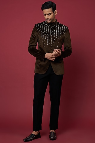 Brown Velvet Bandhgala Set by Sawan Gandhi Men