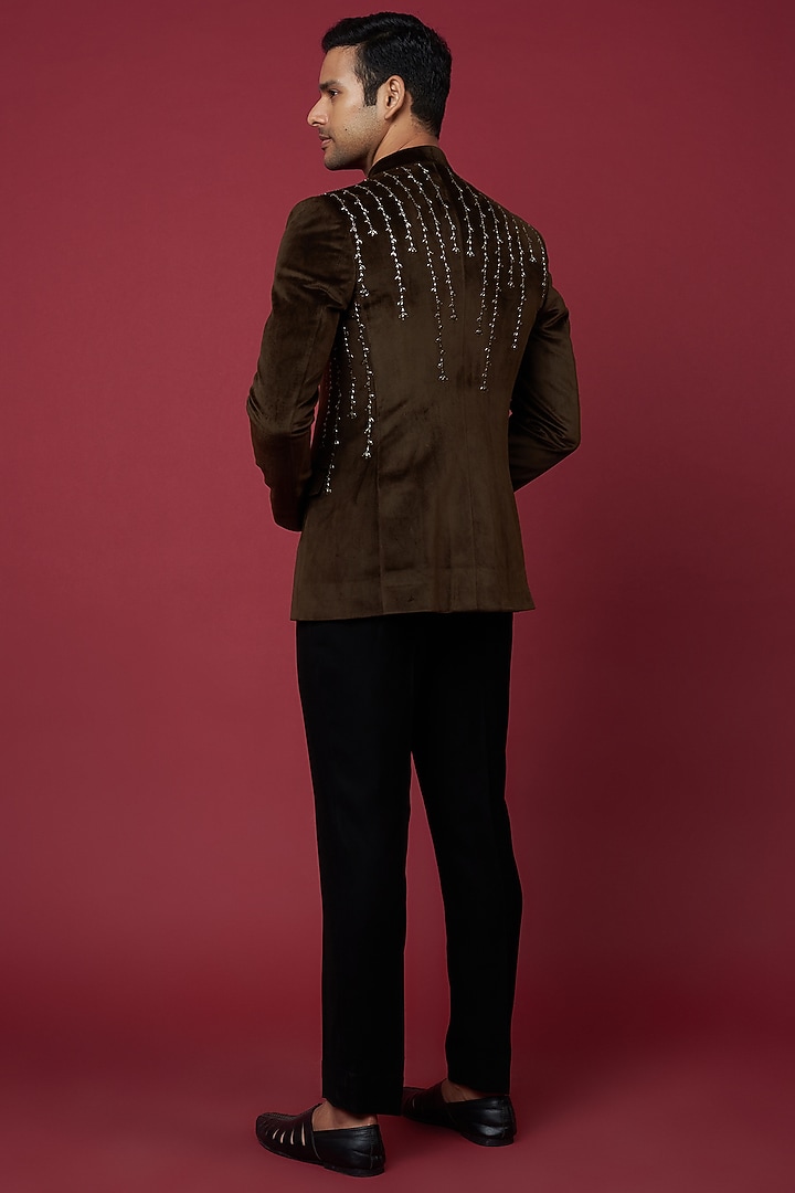 Brown Velvet Groom Bandhgala Set by Sawan Gandhi Men at Pernia's Pop Up Shop