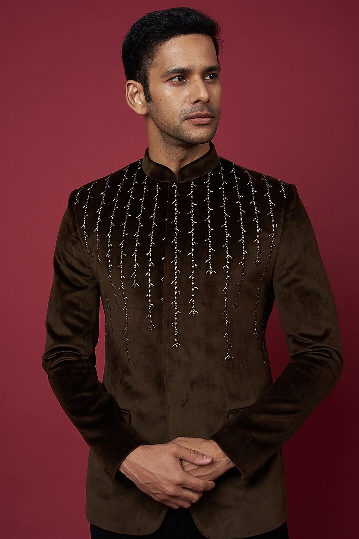 Brown Velvet Groom Bandhgala Set by Sawan Gandhi Men at Pernia's Pop Up Shop